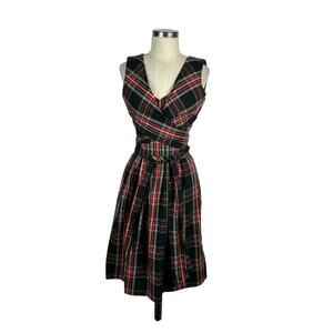 J CREW Factory Black Red Tartan Plaid Belted Midi Dress Women's Size 0 Holiday